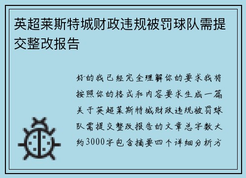 英超莱斯特城财政违规被罚球队需提交整改报告