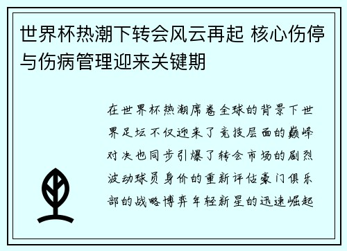 世界杯热潮下转会风云再起 核心伤停与伤病管理迎来关键期